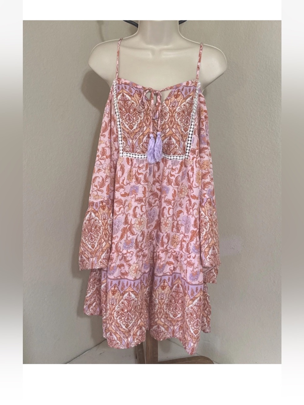 RusttydusttyWomen’s Paisley Cold-Shoulder Sundress with Tassel Tie Boho Size L